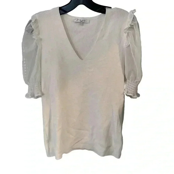 Siani Milano white sweater Top with sheer puffed sleeve V-Neck Size Small - Picture 1 of 6